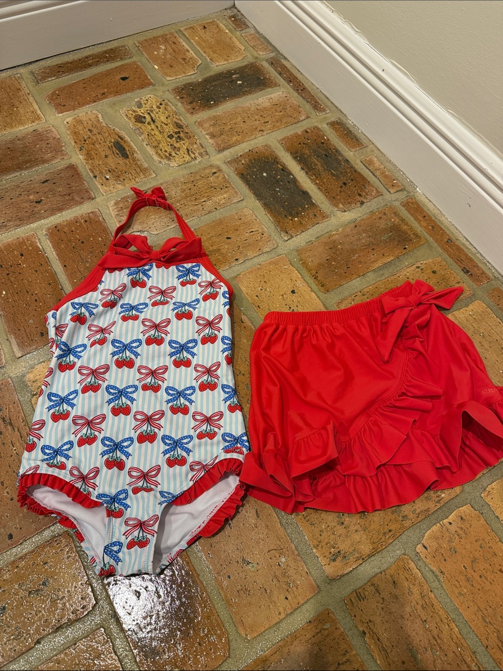 Rufflebutts Girls Halter Swimsuit with matching red skirt cover up size 6